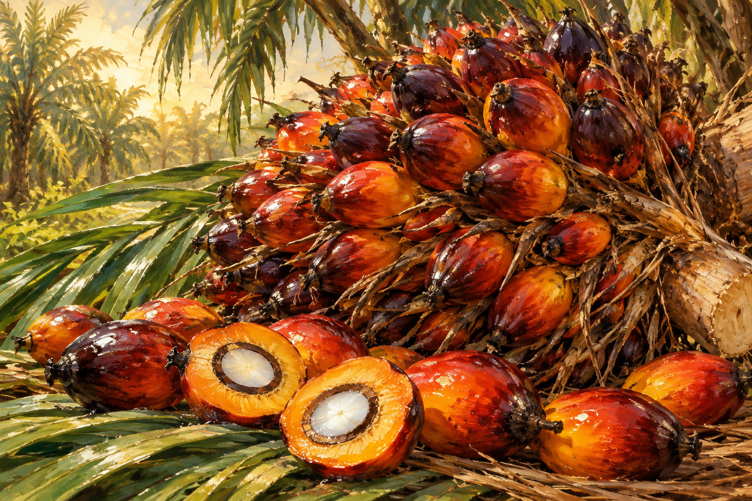 Botanical illustration of ripe red and orange oil-palm fruits with green fronds